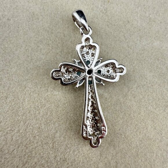 Silver-Tone‎ Cross Pendant With Blue & Clear Cubic Zirconia Accents - Picture 4 of 7